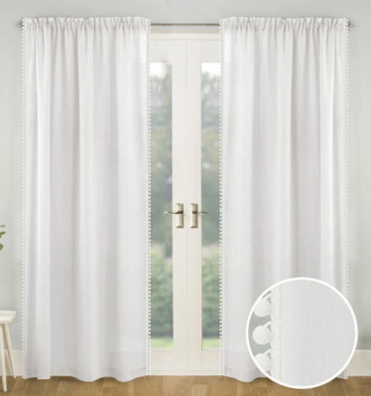 Image of Tyrone Textiles Tahiti Pom-Pom Trim Linen-Look Voile Panel - Pair White