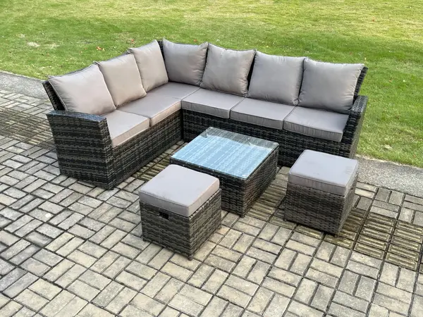 Image of Fimous 6 Seater Outdoor Dark Grey Rattan Lounge Complete Sofa Set with Square Coffee Table and 2 Footstool