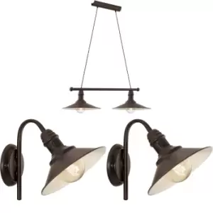 Image of Ceiling Pendant Light & 2x Matching Wall Lights Antique Metal Shade Vintage