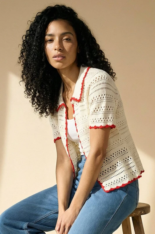 Image of Roman Womens Collar Button Knit Top in Ivory Size: 10 Ivory Female 10