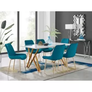 Image of Furniture Box Taranto White High Gloss Dining Table and 6 Blue Pesaro Gold Leg Chairs