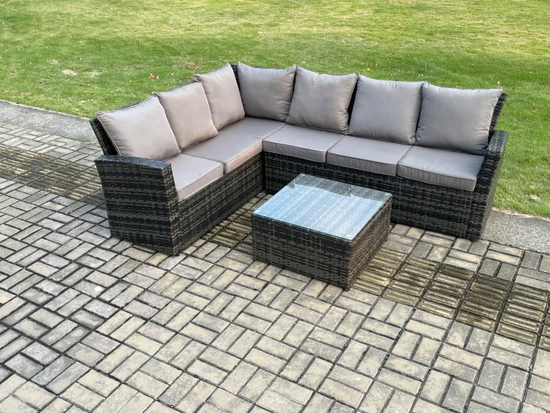 Image of Fimous 6 Seater Outdoor Furniture Garden Dining Set Rattan Corner Sofa Set with Square Coffee Table Dark Grey Mixed Dark Grey