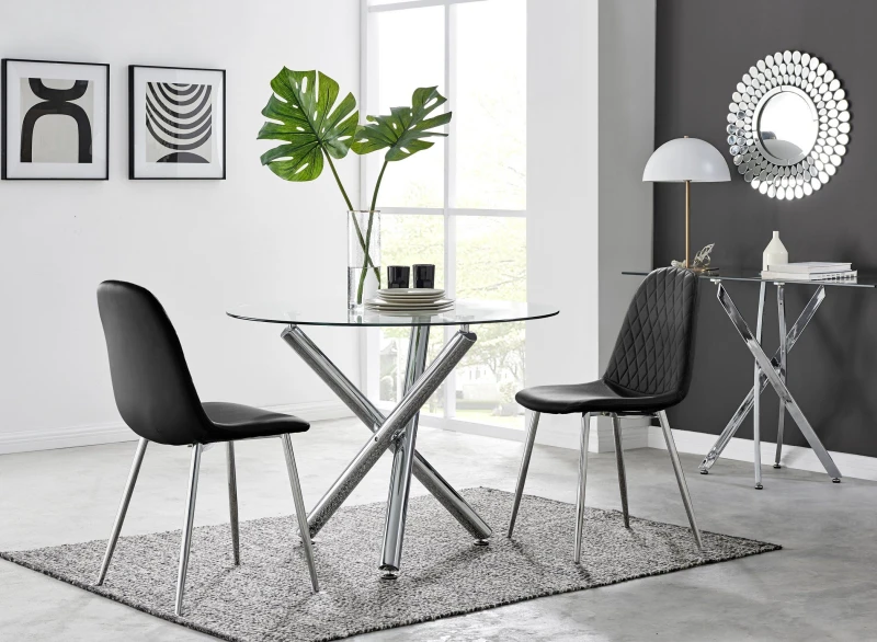 Image of FurnitureboxUK FurnitureboxUK Selina Round Glass Chrome Leg Dining Table and Corona Silver Leg Chairs in Black Size: 2 Person Black 2 Person Unisex