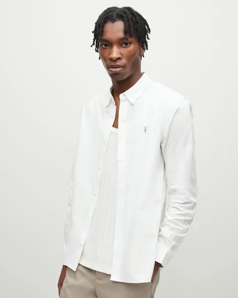 Image of AllSaints Mens Cotton Slim Fit Hawthorne Stretch Shirt, White, Size: M