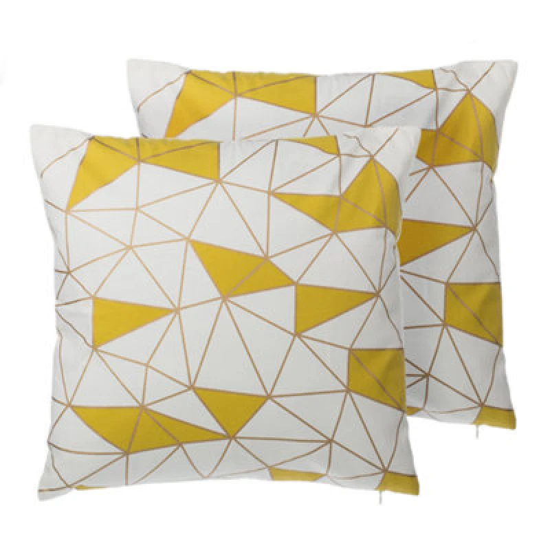 Image of Beliani Set Of 2 Decorative Cushions Clarkia Cotton 45 X 45cm Yellow Geometric Pattern