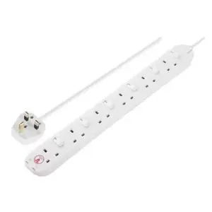 Image of Masterplug 6 Socket 13A Switched Surge Protected White Extension Lead, 2M
