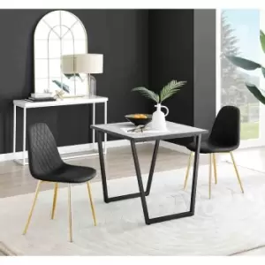 Image of Furniture Box Carson White Marble Effect Square Dining Table and 2 Black Corona Gold Leg Chairs