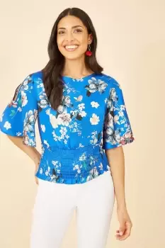 Image of Blue Floral Satin Top With Angel Sleeves