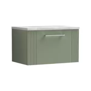 Image of Deco Satin Green 600mm Wall Hung Single Drawer Vanity Unit with Bellato Grey Laminate Worktop - DPF894LBG - Satin Green - Nuie