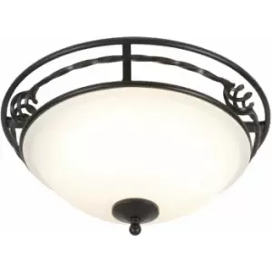 Image of Loops - 2 Bulb Flush Light Glass Shade Iron Scrolls Twisted Metal Black LED E27 60W