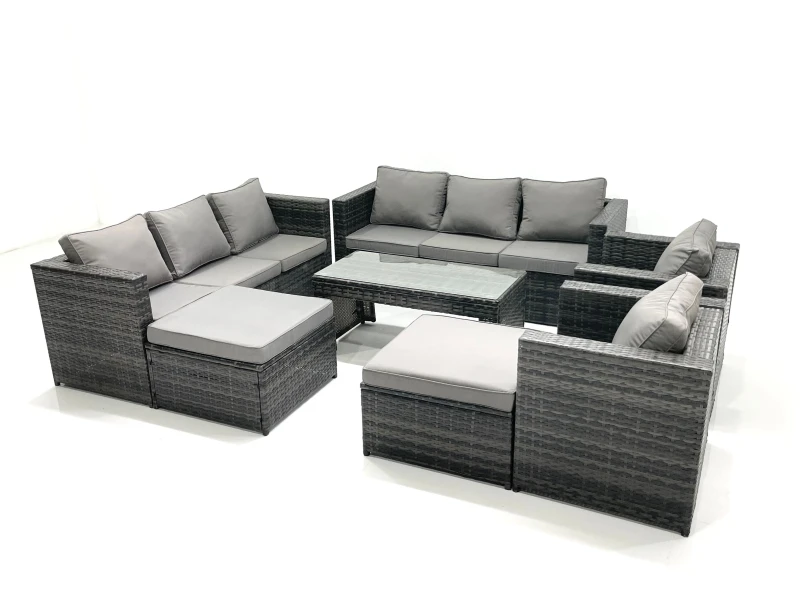 Image of Fimous Rattan Garden Furniture Sofa Set with Coffee table Armchair 2 Big Footstools Dark Grey Mixed Dark Grey