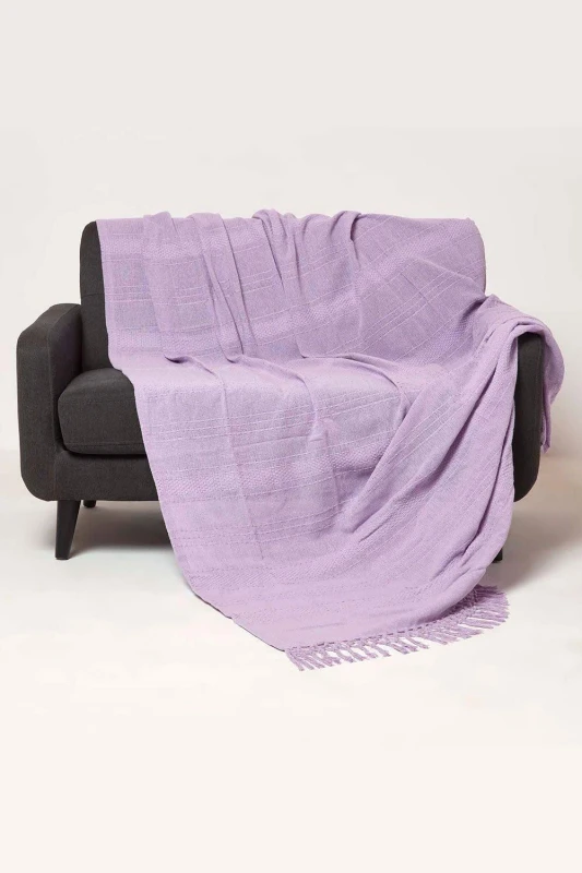 Image of HOMESCAPES Homescapes - Kashi Lilac Cotton Throw with Tassels 255 x 360cm SF2266C