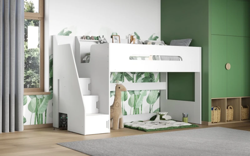 Image of Flair Stepaside Staircase High Sleeper Bed in White Size: Single White Unisex Single