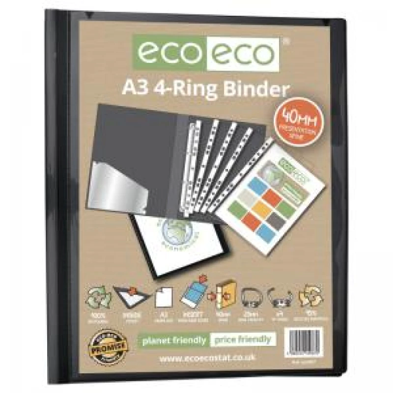 Image of Eco Eco A3 25mm 95% Recycled Presentation 4 Ring Portrait Binder Black eco087-S