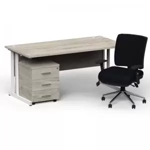 Image of Impulse 1600800 White Cant Desk Grey Oak 3 Dr Mobile Ped & Chiro