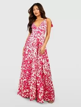 Image of Boohoo Animal Print Tie Shoulder Plunge Maxi Dress - Pink, Size 10, Women
