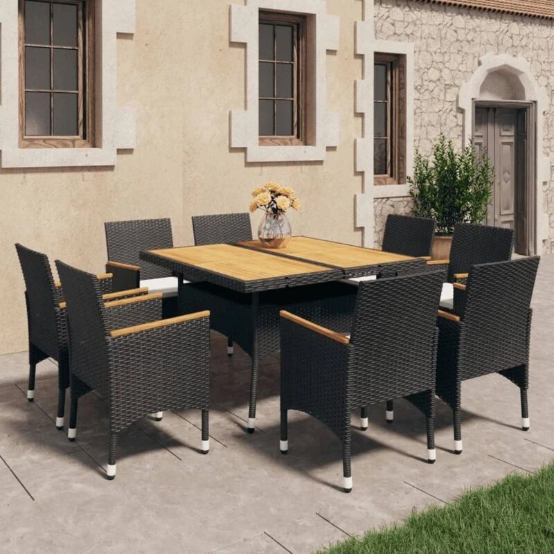 Image of VIDAXL 9 Piece Garden Dining Set Poly Rattan and Solid Wood Black Vidaxl 8720286852286