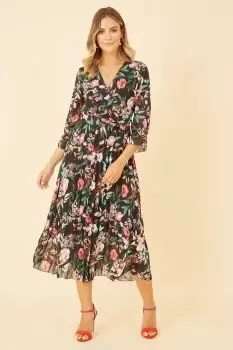 Image of Black Floral Print Midi Wrap Dress With Pleated Skirt