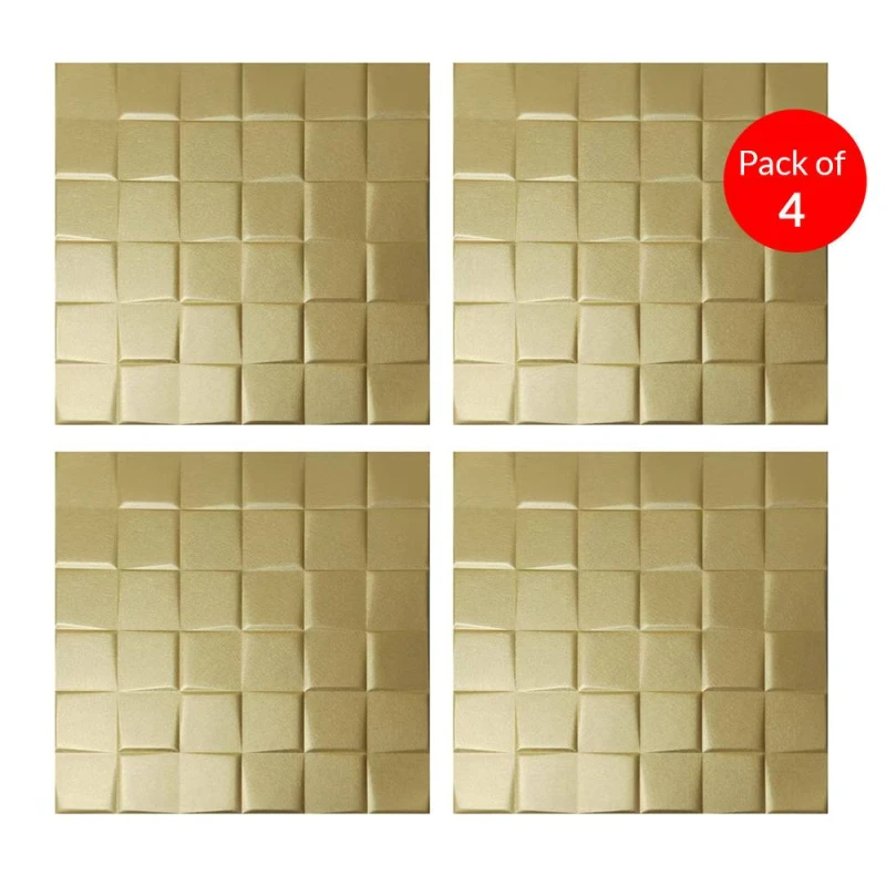 Image of ENER-J 3D Square PU Leather Wall Panels 600x600mm 10mm Pack of 4 in Gold Gold Unisex