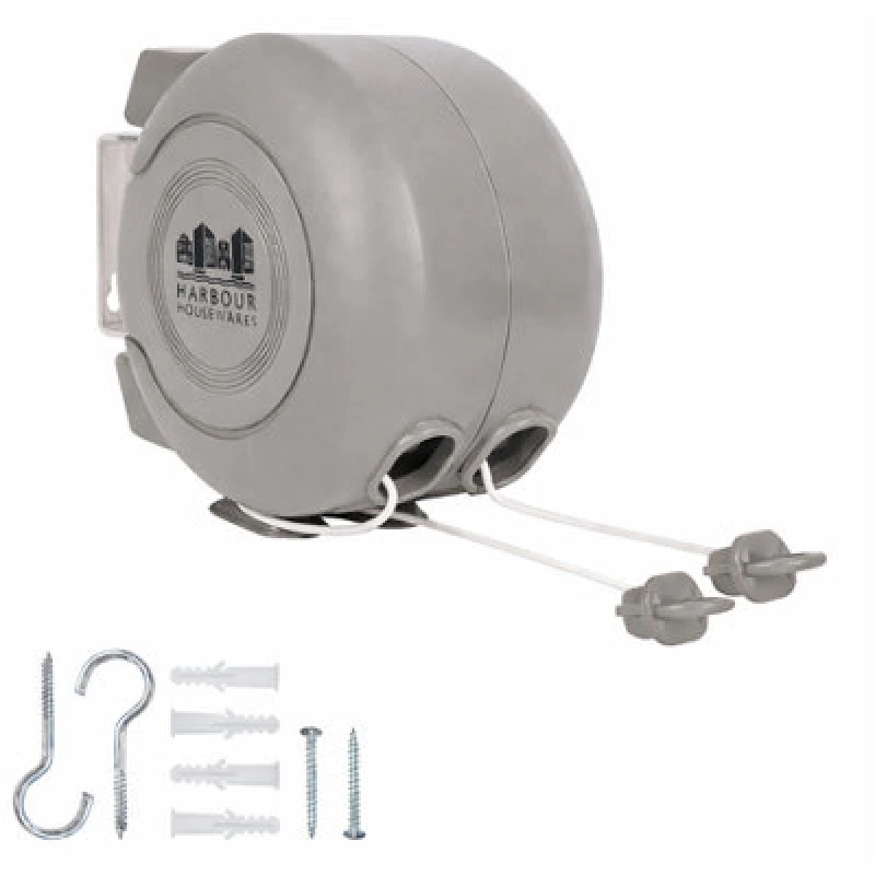Image of Harbour Housewares Retractable Dual Cord Washing Line - 2 X 15M - Grey Wall Mounted Indoor Outdoor Clothesline Twin Clothes Airer