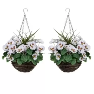 Image of Greenbrokers Artificial White Pansy Round Rattan Hanging Basket (set Of 2)