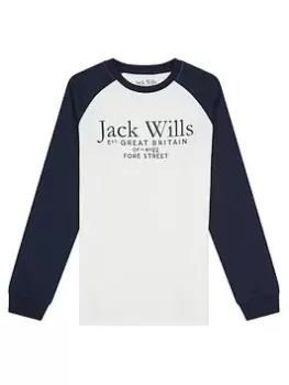 Image of Jack Wills Boys Script Raglan Long Sleeve T-Shirt - Marshmallow, Marshmallow, Size 3-4 Years