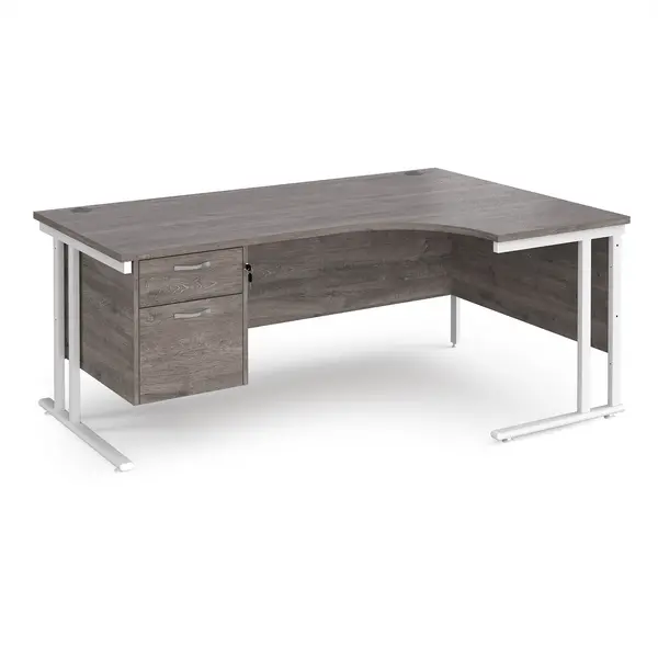 Image of Maestro 25 right hand ergonomic desk 1800mm wide with 2 drawer pedestal - white cantilever leg frame, grey oak top