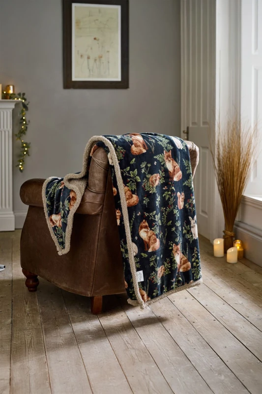 Image of Deyongs Deyongs Luxury Soft Cosy Warm Fleece Sherpa Large Throw Woodland Wildlife Wine 140x180cm in Navy Size: 140cm x 180cm Navy 140cm x 180cm Unis