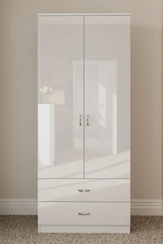 Image of FWStyle FWStyle High Gloss 2 Door 2 Drawer Combination Double Wardrobe in White White One Size Male 5056413121141