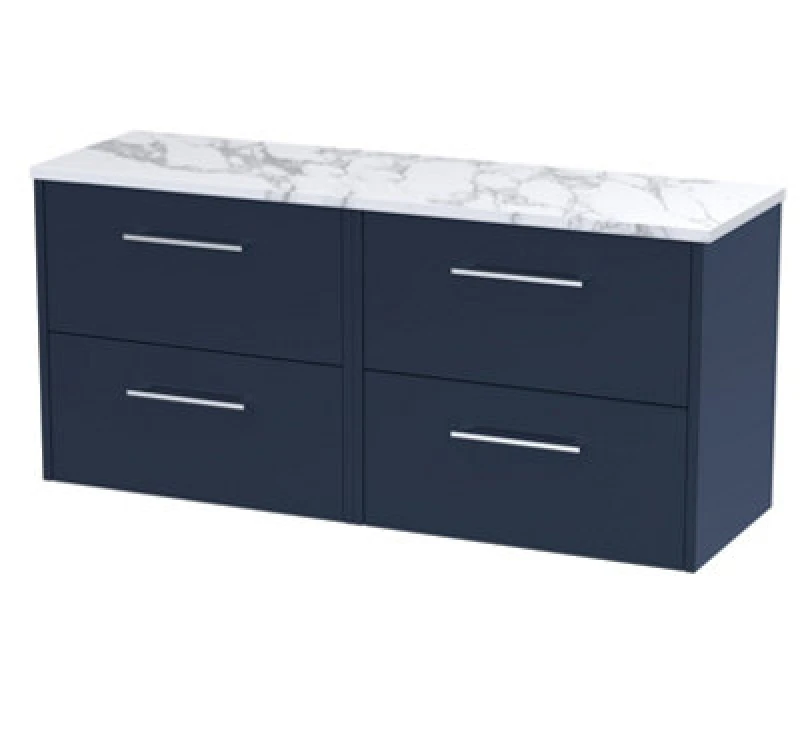 Image of HUDSON REED Hudson Reed - Juno Wall Hung 4-Drawer Vanity Unit with Carrera Marble Worktop 1200mm Wide - Midnight Blue JNU2924LCM2