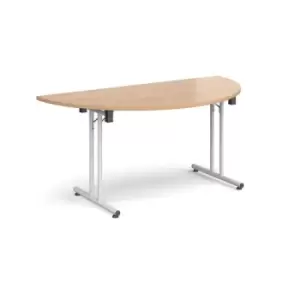 Image of Semi circular folding leg table with white legs and straight foot rails 1600mm x 800mm - beech