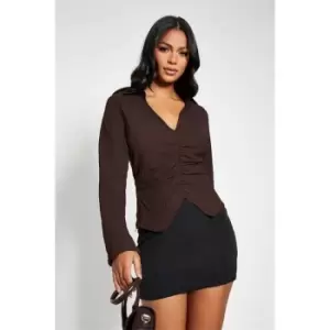 Image of I Saw It First Textured Woven Plunge Ruched Shirt - Brown