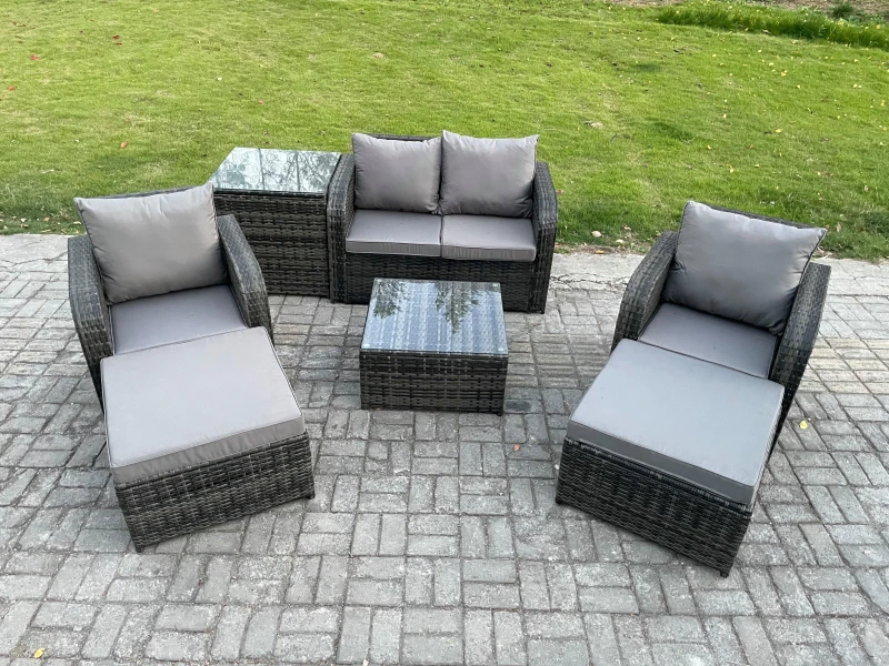Image of Fimous Rattan Garden Furniture Set Patio Conservatory Indoor Outdoor 6 Seater Set with Love Sofa Square Coffee Table Dark Grey