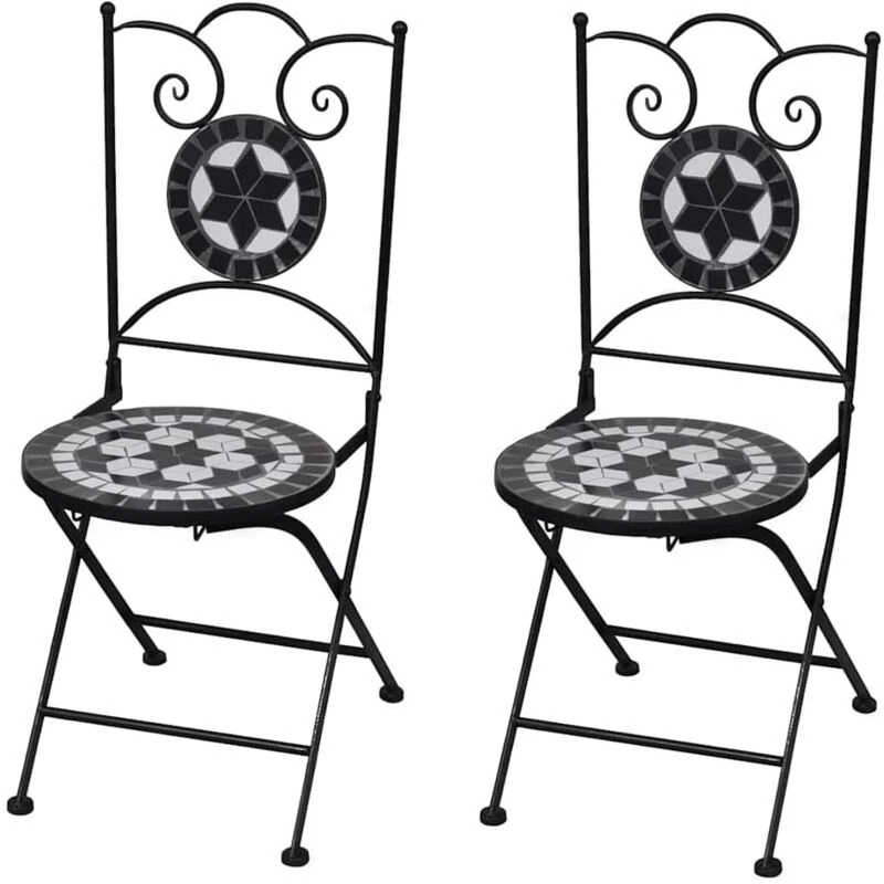 Image of vidaXL 2x Mosaic Bistro Chairs Black and White Outdoor Garden Furniture Seat