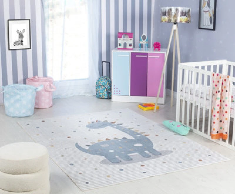 Image of Livabliss Kids Machine Washable Beige/grey Bedroom Dino Area Rug 120 X 170 Cm - Easy Care, Non Shedding, Soft & Safe Rug For Kids Spaces