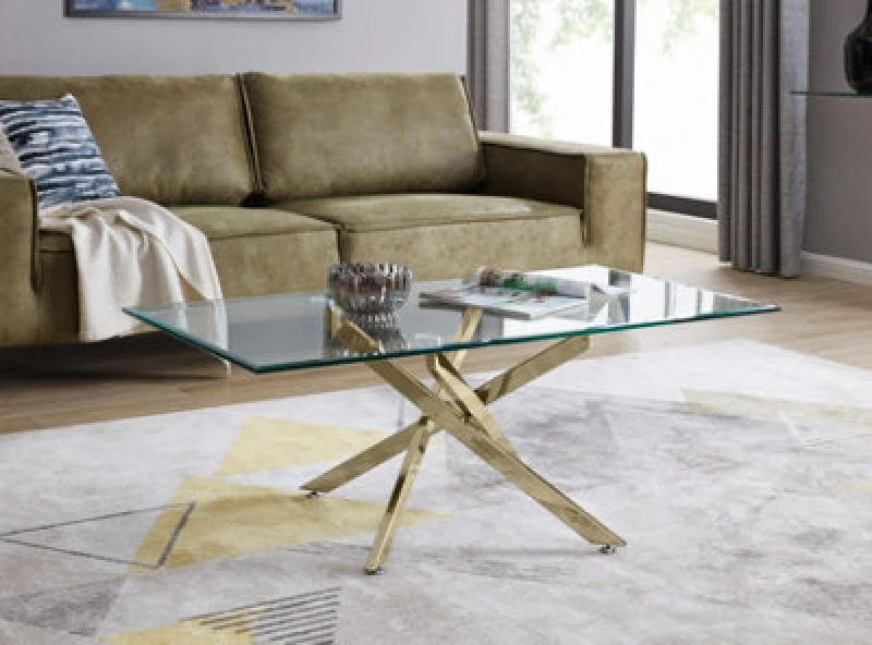 Image of FurnitureboxUK FurnitureboxUK Leonardo Rectangular Glass Coffee Table with Metal Angled Starburst Legs for Modern Living Rooms in Gold Gold One Size U