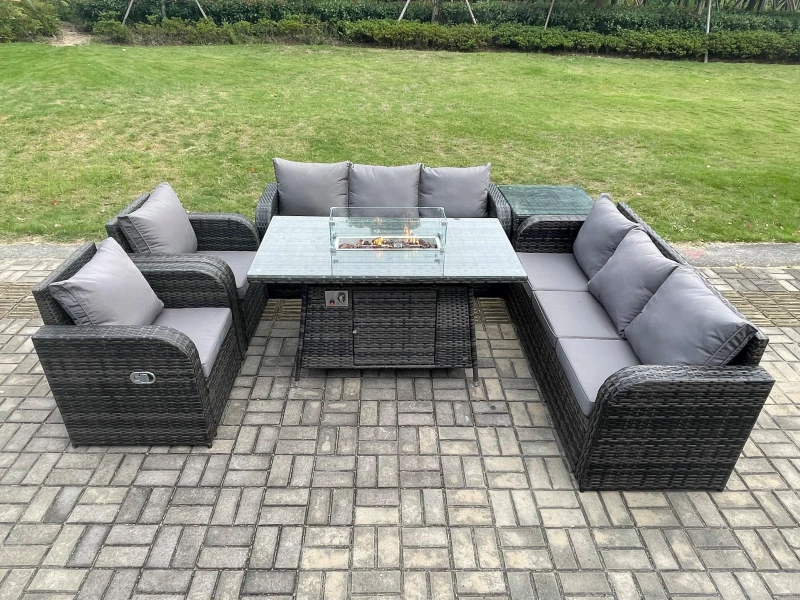 Image of Fimous Rattan Garden Furniture Set with Fire Pit Table,Chair and Side Table 8 Seater Outdoor Patio Lounge Sofa Set Dark Grey Mixed Dark Grey