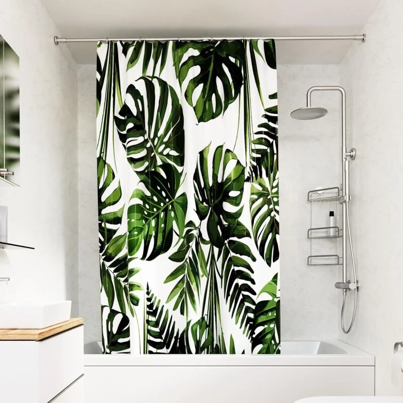 Image of Croydex Croydex Shower Curtain with Green Botanical Leaves Design - 100% Polyester with a Weighted Hem, Machine Washable and coated with Proseal for W