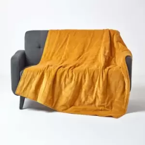 Image of Mustard Velvet Quilted Throw, 125 x 150cm - Yellow - Homescapes