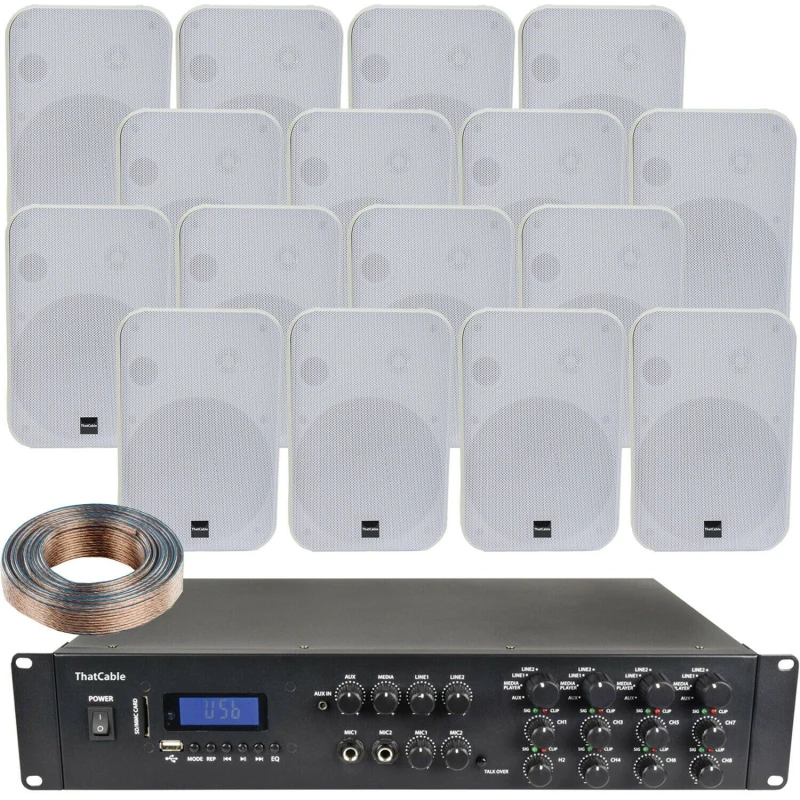 Image of Loops 1600W Bluetooth Sound System 16x 200W White Wall Speaker 8 Zone Matrix Amplifier White unisex