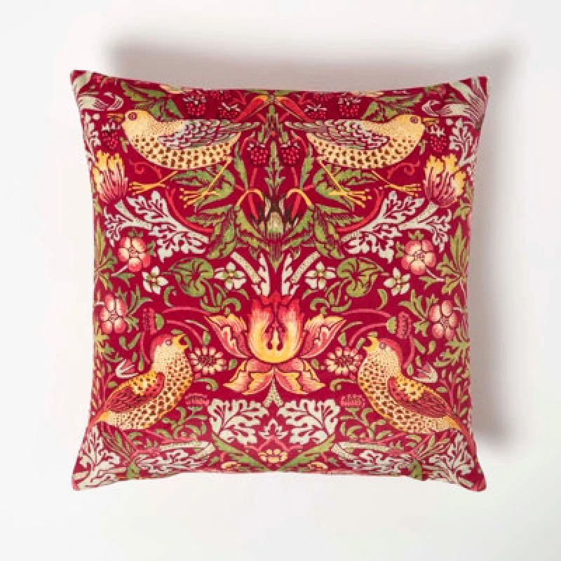 Image of Homescapes William Morris Strawberry Thief Velvet Cushion Black