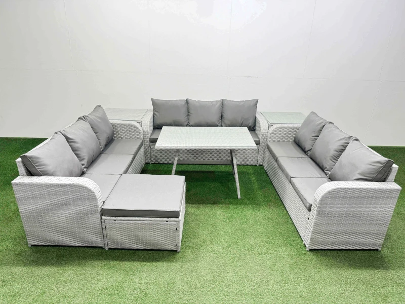 Image of Fimous 10 Seat PE Rattan Garden Furniture with 2 Side Tables Big Stool in Light Grey Light Grey Unisex