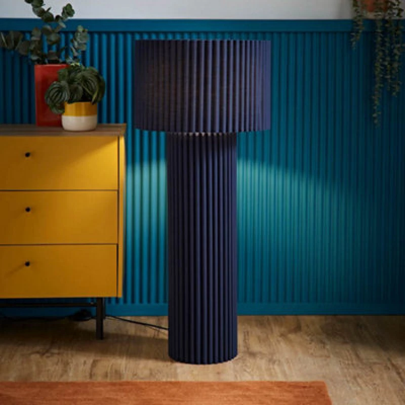 Image of ValueLights ValueLights Lenny Drum Lamp Shade Colour Drench Ribbed Full Fabric Midi Floor Lamp in Navy Navy One Size Unisex 5016529272281