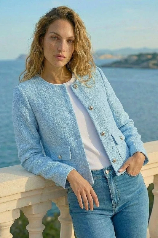 Image of Roman Womens Collarless Buttoned Boucle Jacket in Light Blue Size: 16 Light Blue Female 16