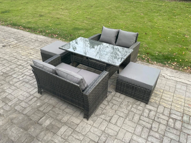 Image of Fimous 6 Seater PE Wicker Rattan Garden Furniture Set Love Sofa Outdoor Rectangular Dining Table 2 Big Footstool Dark Grey Mixed Dark Grey Unisex