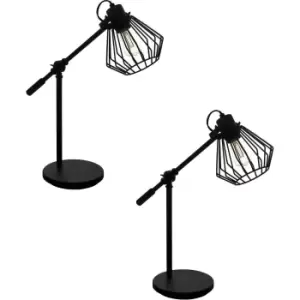 Image of 2 PACK Table Desk Lamp Colour Black Shade Black Open Wire Frame Pivots E27 40W
