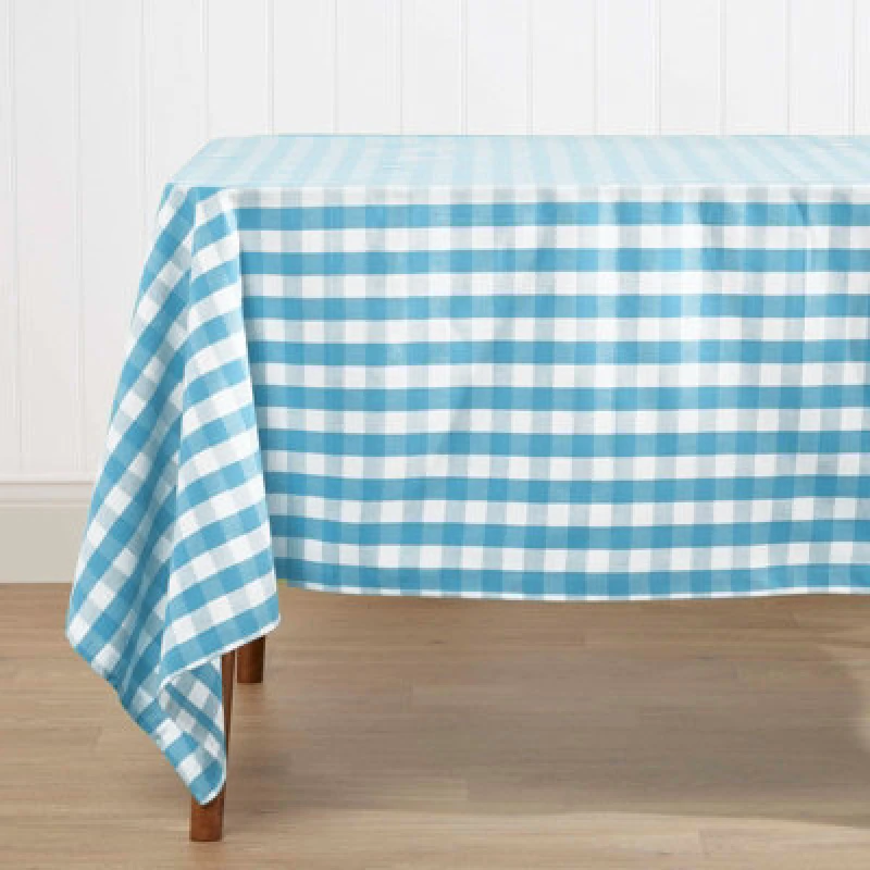 Image of Homescapes Block Check Cotton Gingham Tablecloth, 137cm x 178cm Blue