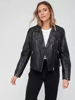 Image of Superdry Studios Leather Biker Jacket - Black, Size 14, Women