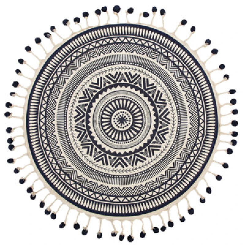 Image of Beliani Round Cotton Area Rug With Tassels 120 Cm Cream And Navy Blue Tatvan