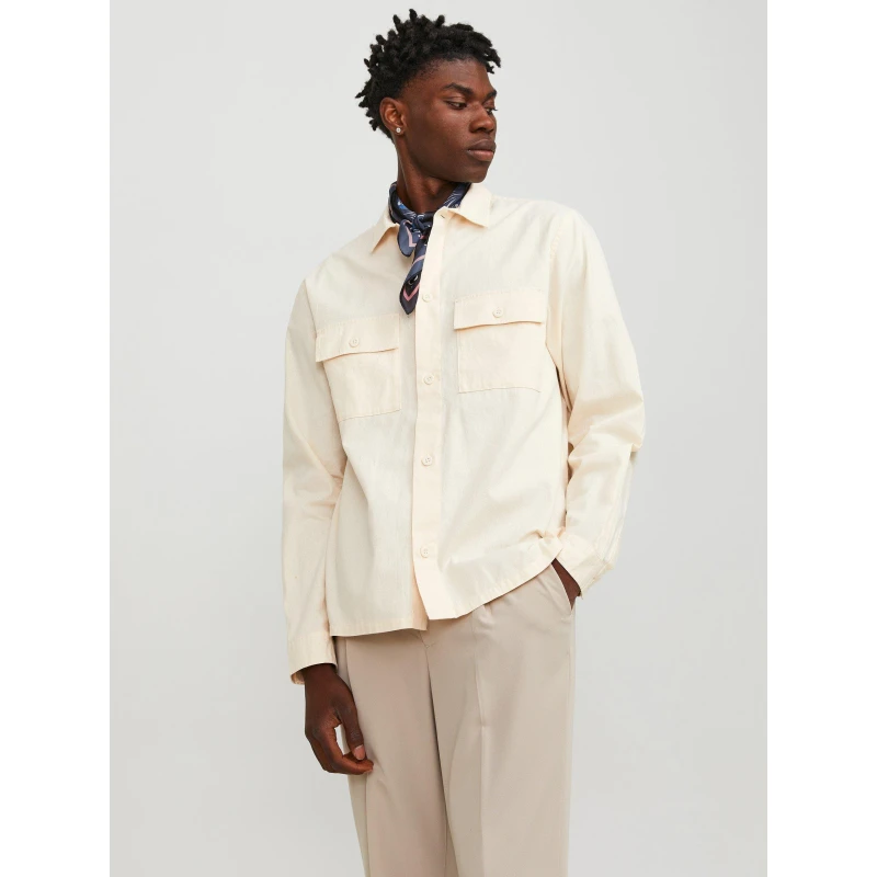 Image of Jack and Jones Venice Linen Blend Long Sleeve Overshirt - Cream Cream M